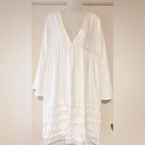 Fresh White Long-Sleeve V-Neck Eyelet Mini-Dress, LG, NWT